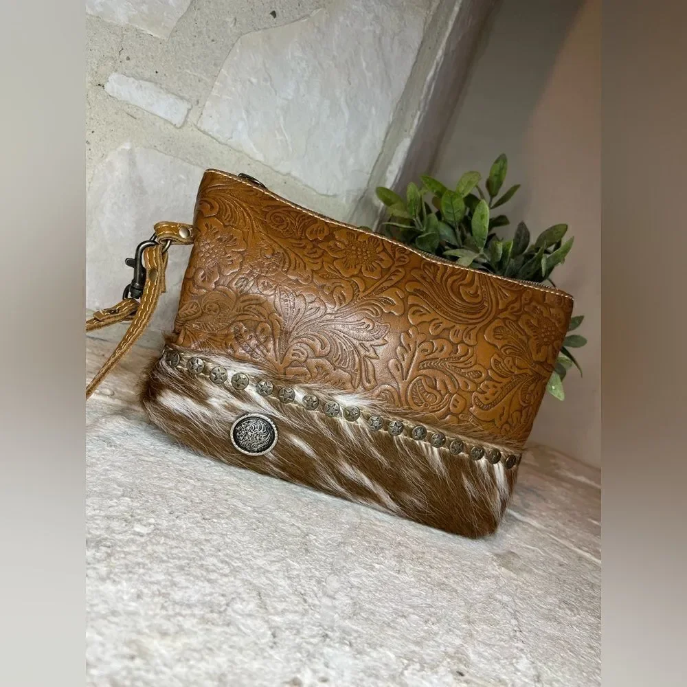 Myra embossed leather and calf hair cosmetic bag/wristlet